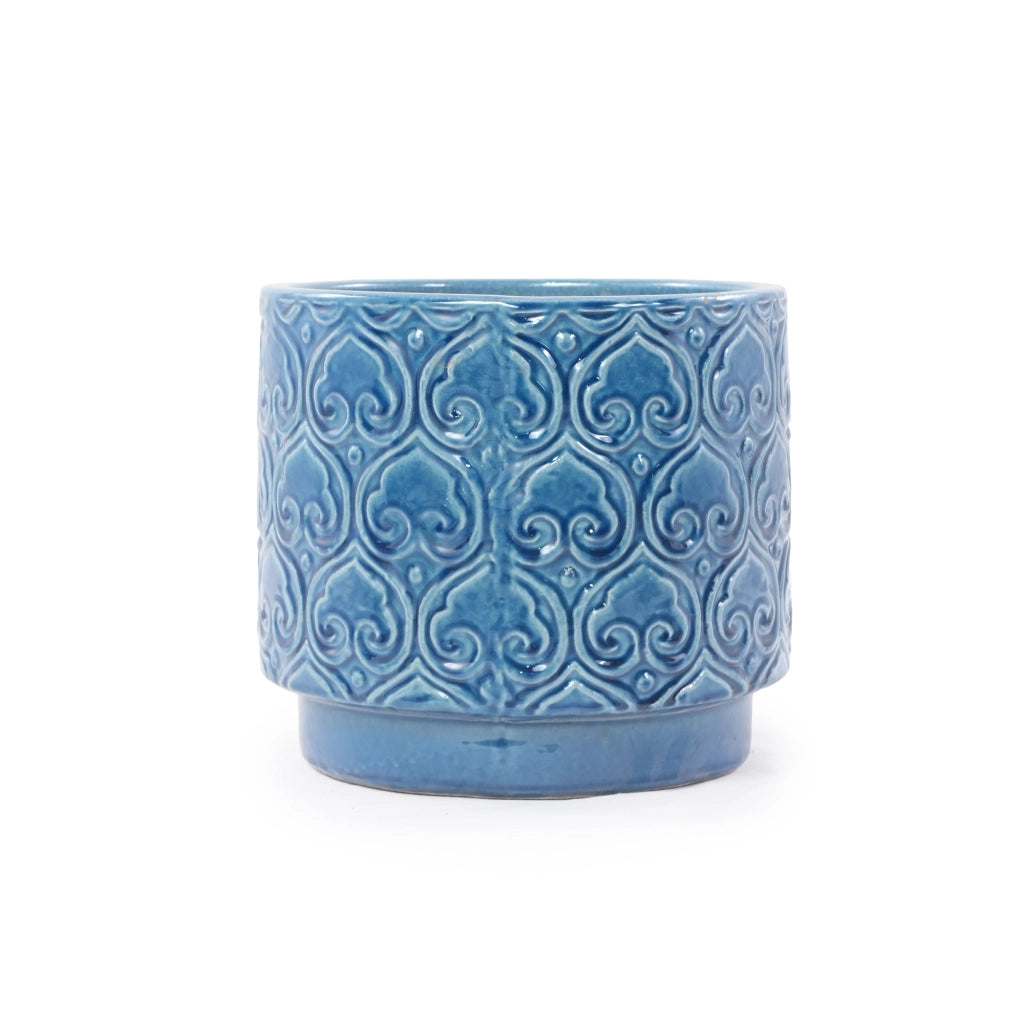 Vaso in ceramica artigianale Ø 38 cm, blu lucido, con foro di drenaggio e piede rialzato