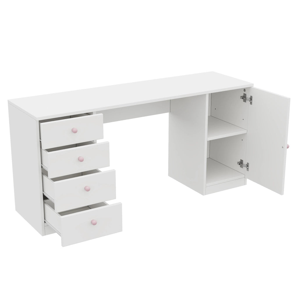 Scrivania lineare con 4 cassetti e armadietto con ripiano; piano ampio per studio e ufficio; in MDF; bianco 155×45×74 cm