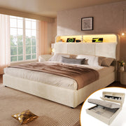 Letto matrimoniale contenitore 160x200 cm con testiera regolabile portaoggetti; LED; USB; USB-C e rete a doghe; velluto beige