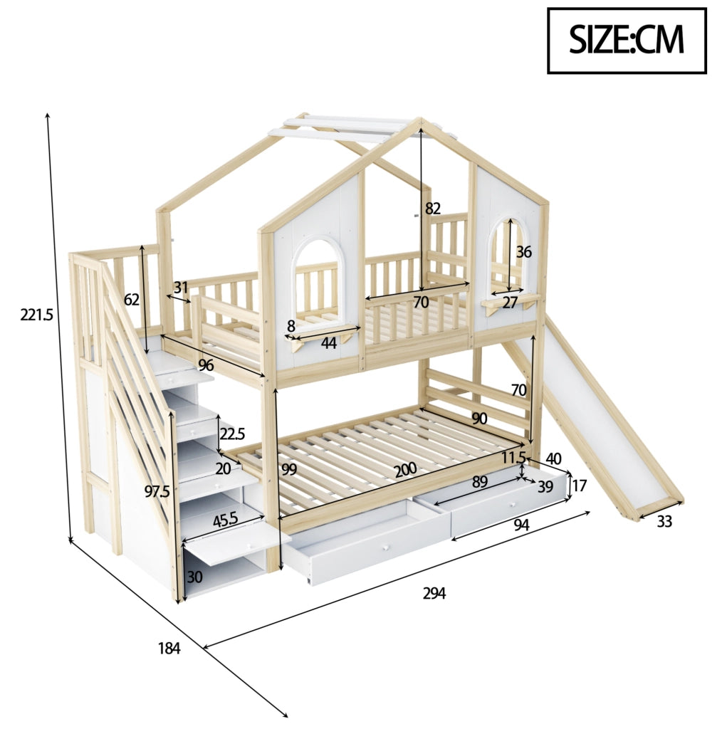 Letto a castello per bambini 90x200 cm a forma di casetta; con scivolo; scala contenitore e cassetti; naturale e bianco