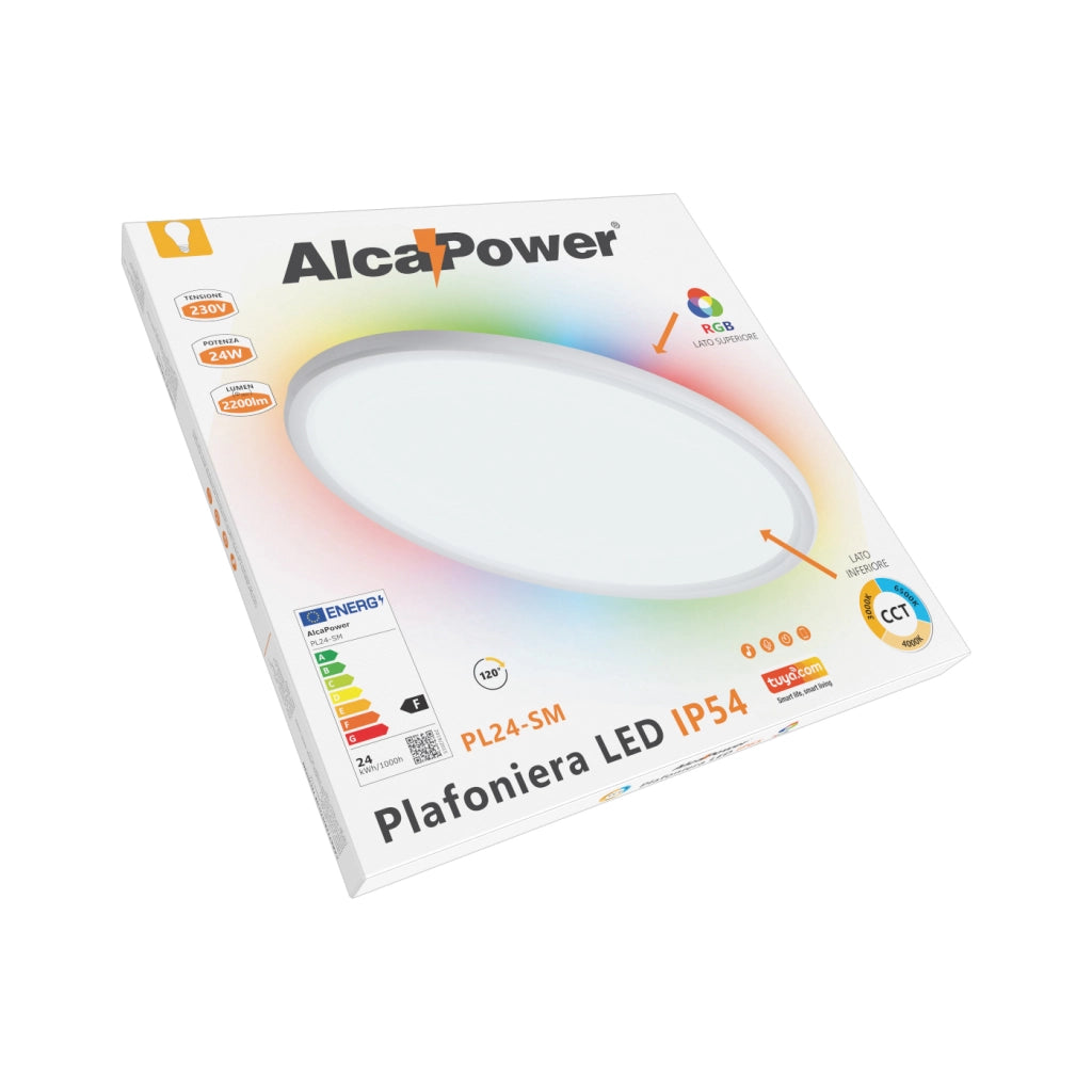 Alcapower Plafoniera LED Wi-Fi CCT RGB 24W 2200lm IP54, Temperatura Colore Regolabile 3000K-6500K, Dimmerabile tramite App Tuya, Diametro 40cm