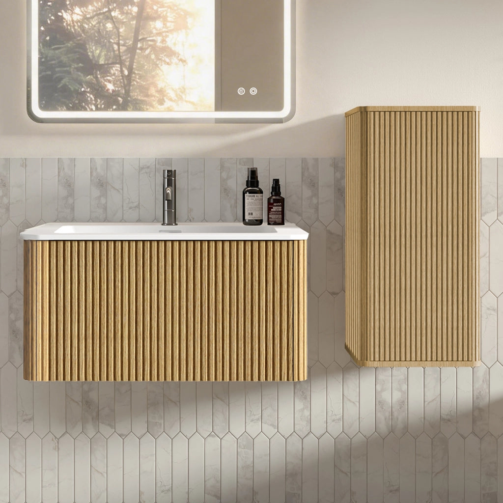 Mobile sottolavabo da bagno con armadietto laterale, lavabo in pietra composita, rovere e bianco, 80 cm