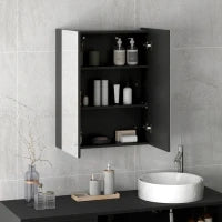 Armadietto Pensile Bagno 2 Ante con Specchiera e 2 Ripiani Interni in MDF, 60x15x75 cm, Nero