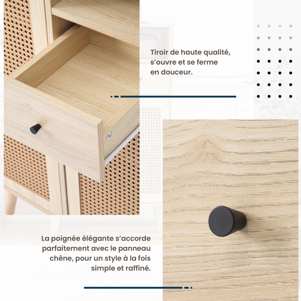 Credenza con 2 Ante in Rattan e 1 Cassetto; Vano a Giorno; Stile Naturale; in Pannello Truciolare; Rovere; 60¡Á40¡Á101 cm