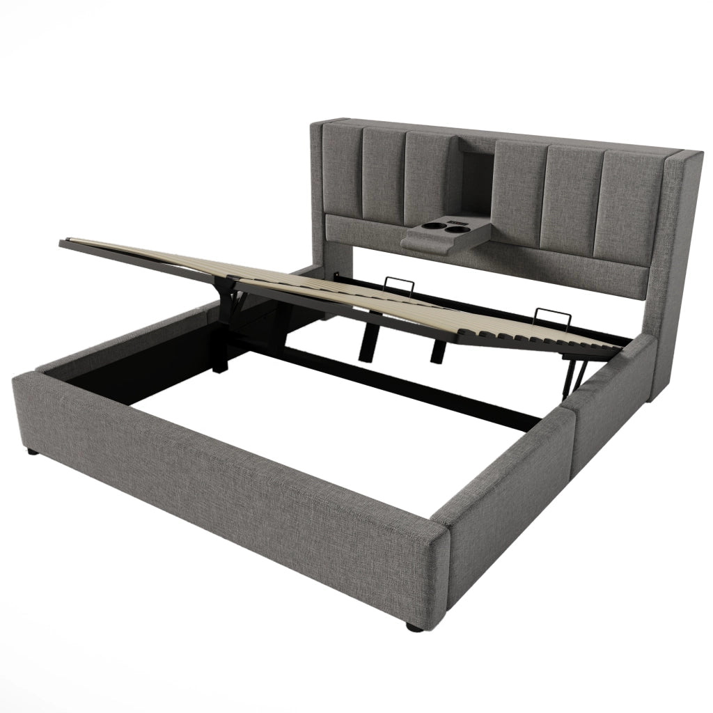 OKWISH Letto Contenitore 140×190 cm, Letto Matrimoniale con Stazione di Ricarica USB, Tipo C e Portabicchieri, senza Materasso, in Lino Grigio