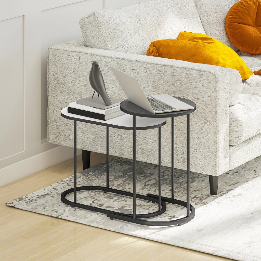Set 2 Tavolini da Salotto Impilabili con Telaio in Metallo Grigio e Bianco