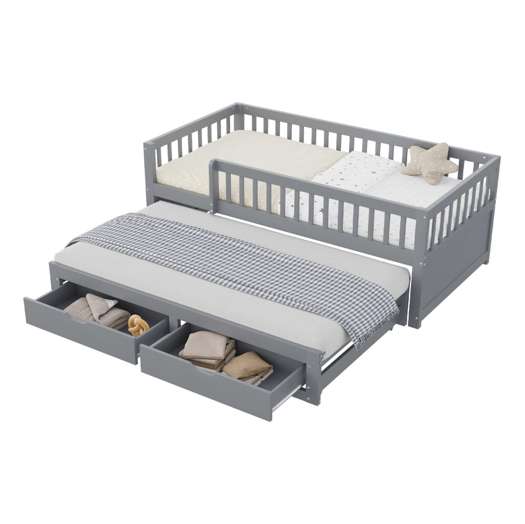Divano letto 90x200 cm con letto estraibile e 2 cassetti in legno grigio