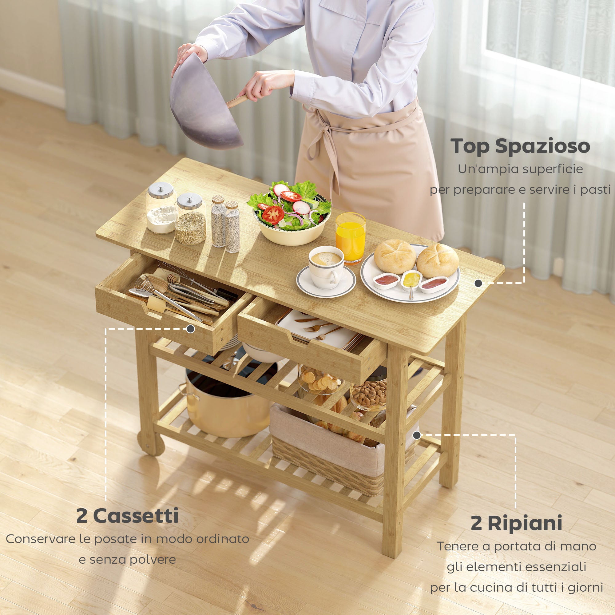 Carrello Cucina 100x43x75 cm con 2 Cassetti 2 Ripiani a Doghe e 2 Rotelle in Legno di Bambù
