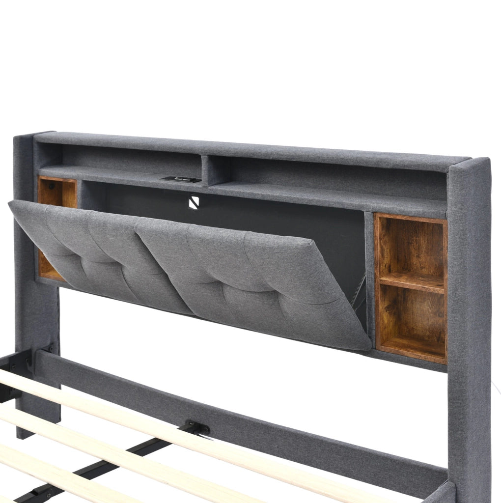 Letto imbottito con testiera contenitore; USB; prese e LED; 140x200 cm; grigio