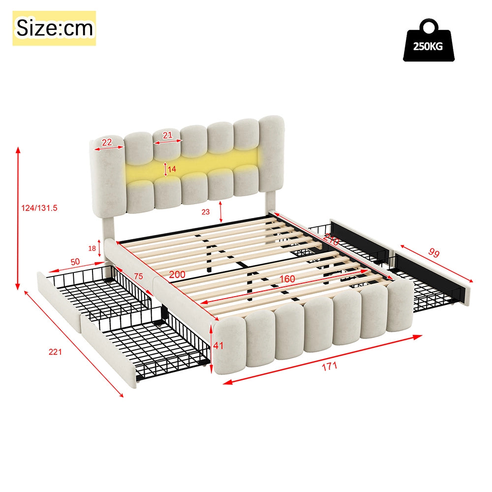 Letto matrimoniale con cassetti - Xylo - 160x200 cm - Beige - Luci LED USB e catena hi-fi