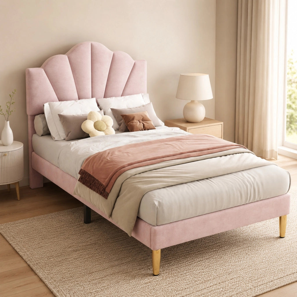 Letto imbottito in velluto rosa 90x200 cm con testiera regolabile e rete a doghe
