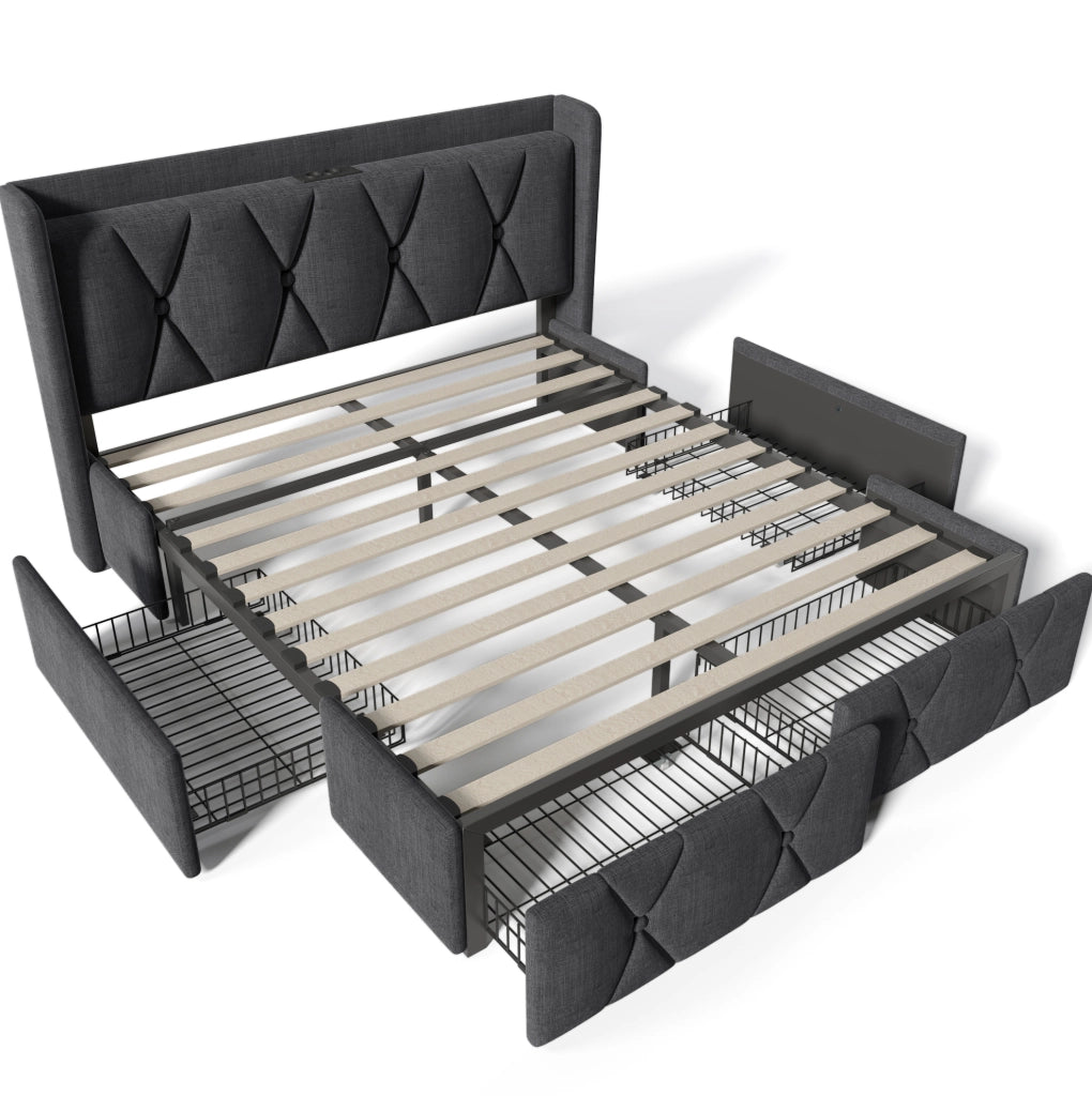Letto 140x200 cm con 4 cassetti, 2 prese e 2 porte USB, rivestito in lino grigio