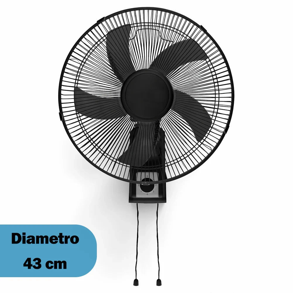 Ventilatore da Muro Ø43 cm Raffrescatore Silenzioso 65W 3 Velocità Installazione a Parete in Metallo Nero