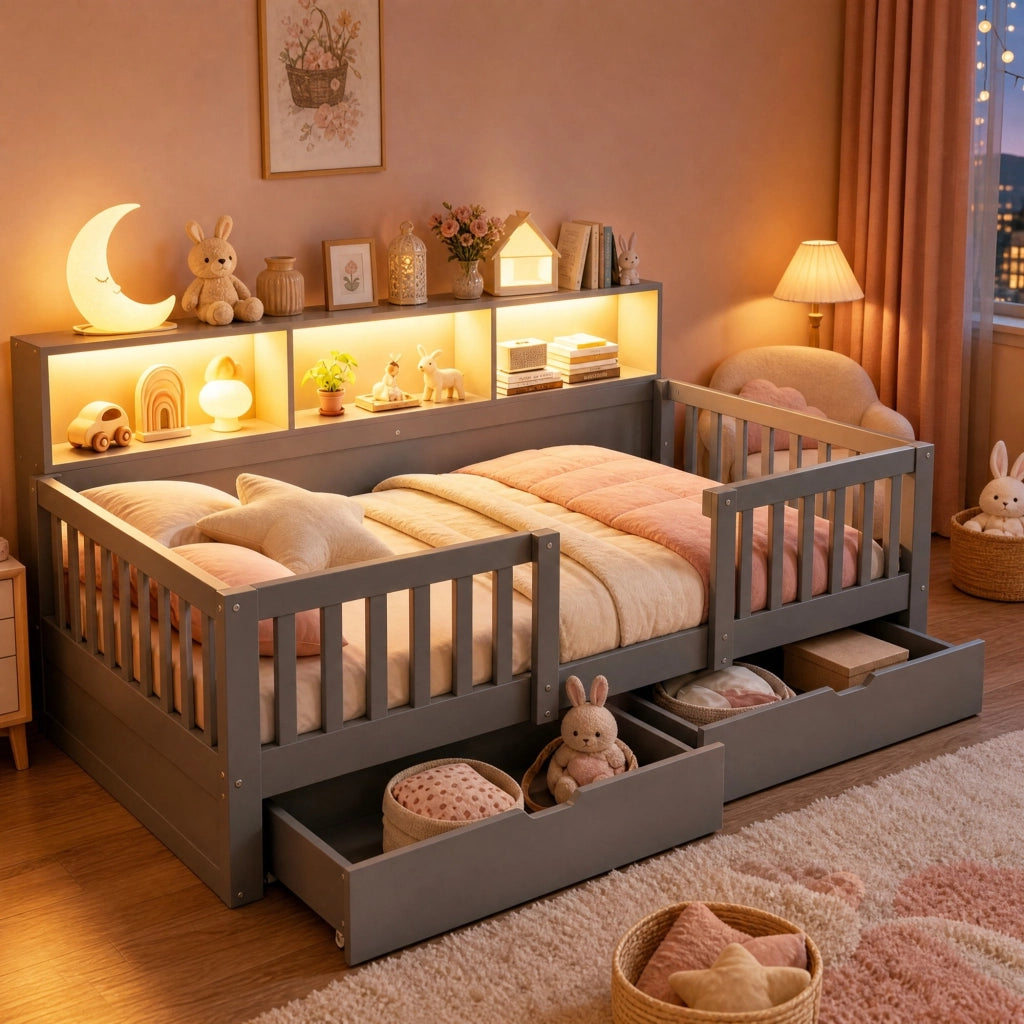 Letto per bambini 90 × 200 cm con barriera di sicurezza, 2 cassetti, ripiani e LED, senza materasso, grigio