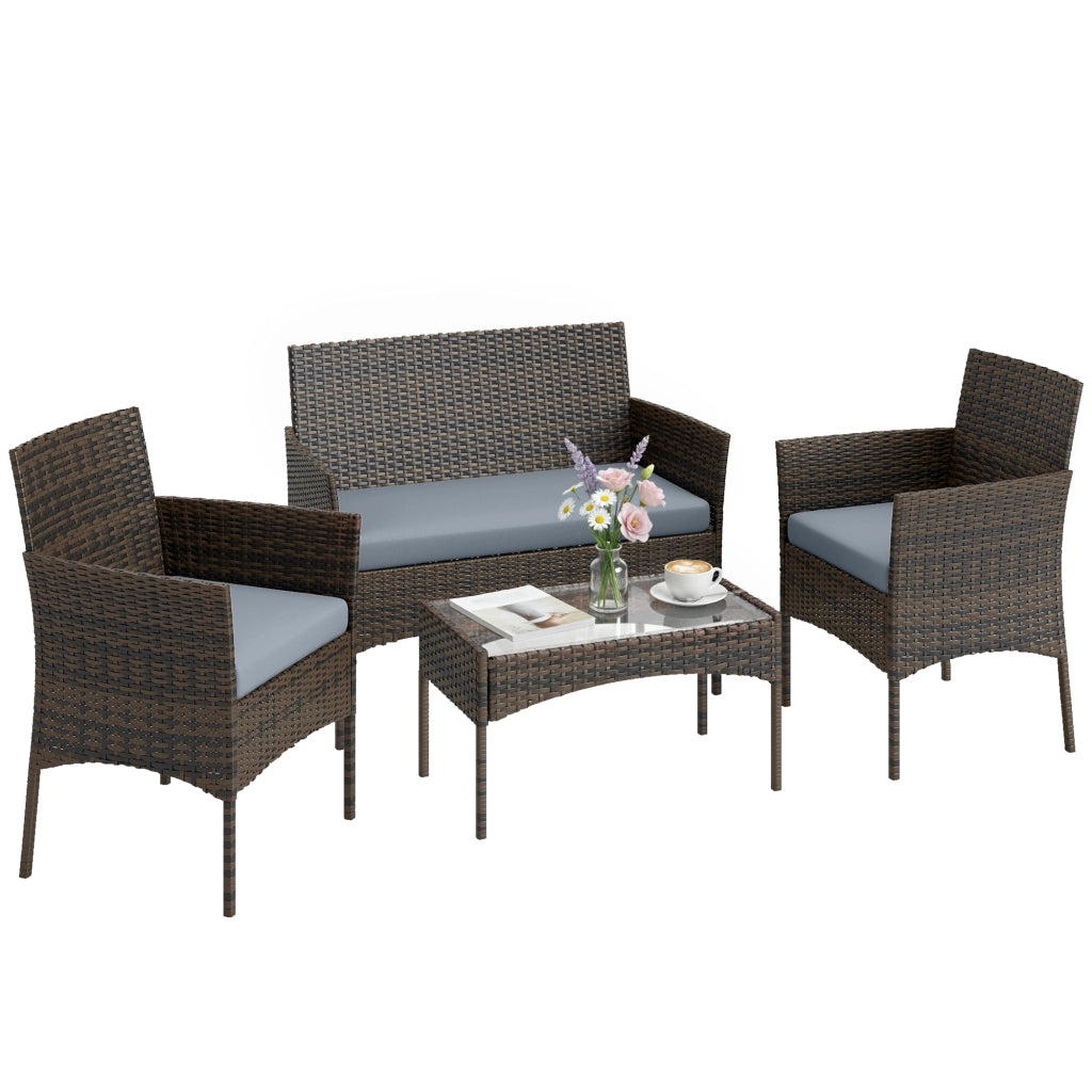 Set giardino in polyrattan con divano, poltrone e tavolo in vetro ¨C zephmum ¨C marrone e grigio