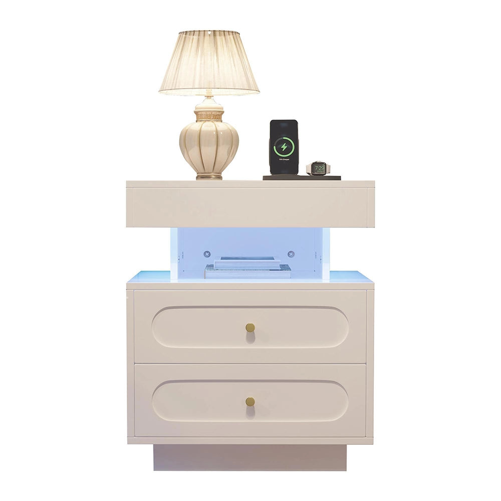 Comodino con Luci LED 50x40x60cm - Xylo - 2 Cassetti, 1 Ripiano Aperto, Bianco