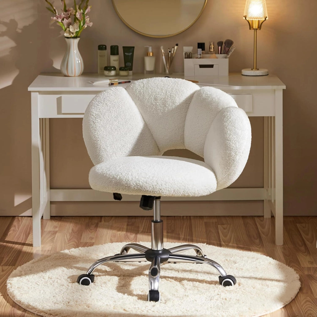Sedia da Ufficio Scrivania Bianca Cameretta Imbottita Senza Braccioli Ergonomica con Ruote Girevole, Schienale Design a Nuvola in Tessuto Bouclé, Altezza Regolabile