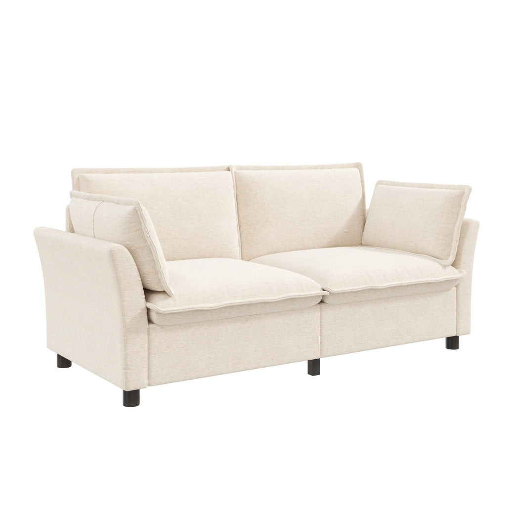 Sofà modulare 3+2 in chenille beige, struttura in metallo e legno, comfort morbido per soggiorno