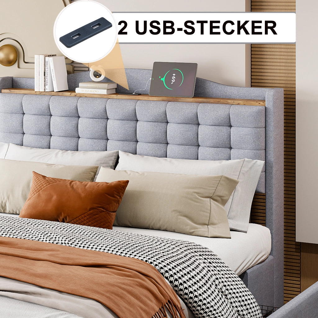 Letto Contenitore 140x200 cm; Letto Matrimoniale con USB; 4 Cassetti e Ripiano in Grigio
