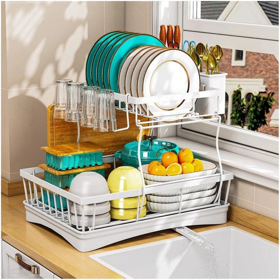 Afdruiprek per piano cottura con 2 livelli, afdruiprek spaziale con supporto per accessori da cucina, grande capacità, afdruiprek con superficie di scolo, bianco