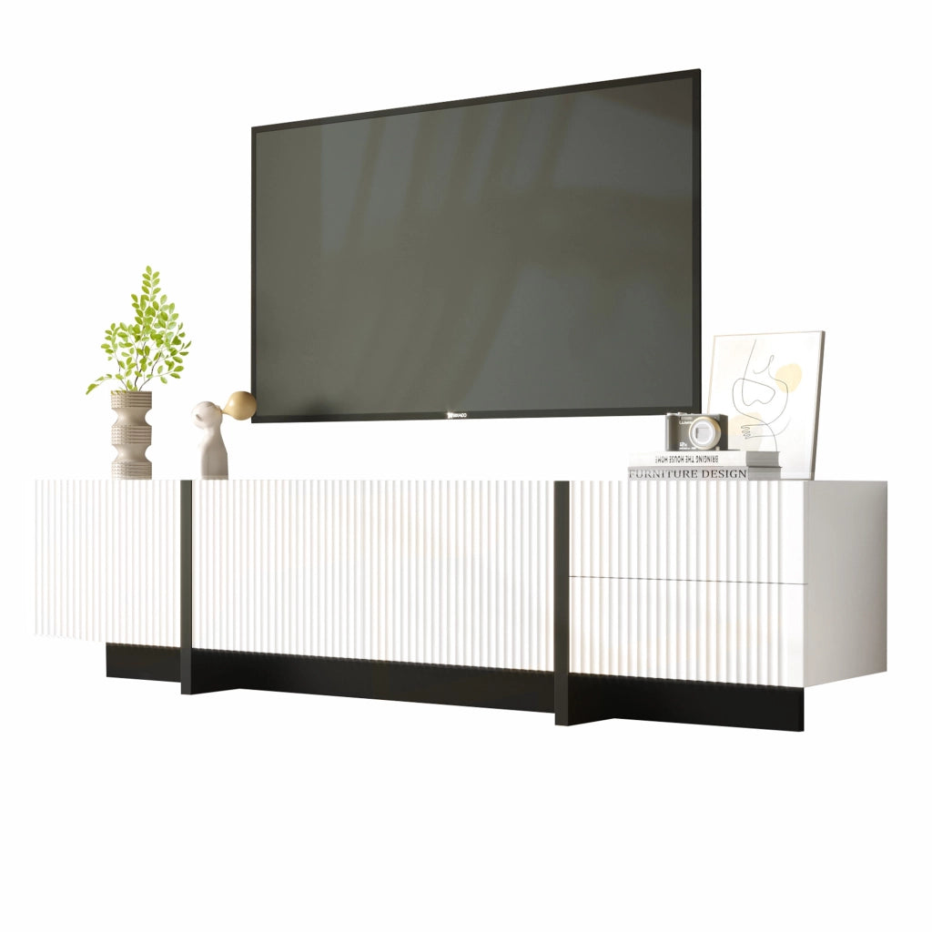 OKWISH Mobile TV con 3 Ante e 2 Cassetti, Cerniere Ammortizzate, per Soggiorno, MDF, Nero e Bianco, 190 x 35 x 45 cm