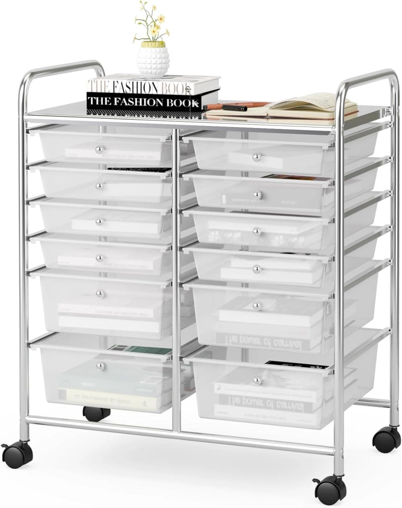 Carrello Portaoggetti con Ruote, 12 Cassetti Rimovibili, Carrello a Rotelle per Soggiorno, Ufficio, Camera da Letto, 64x38x75 cm, 3 Colori