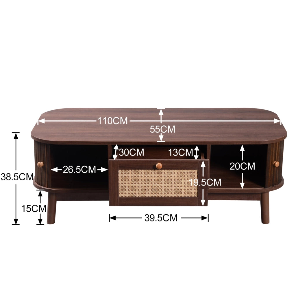 Tavolino da caffè 110x55x38;5 cm con cassetti e ante scorrevoli in rattan; MDF; naturale