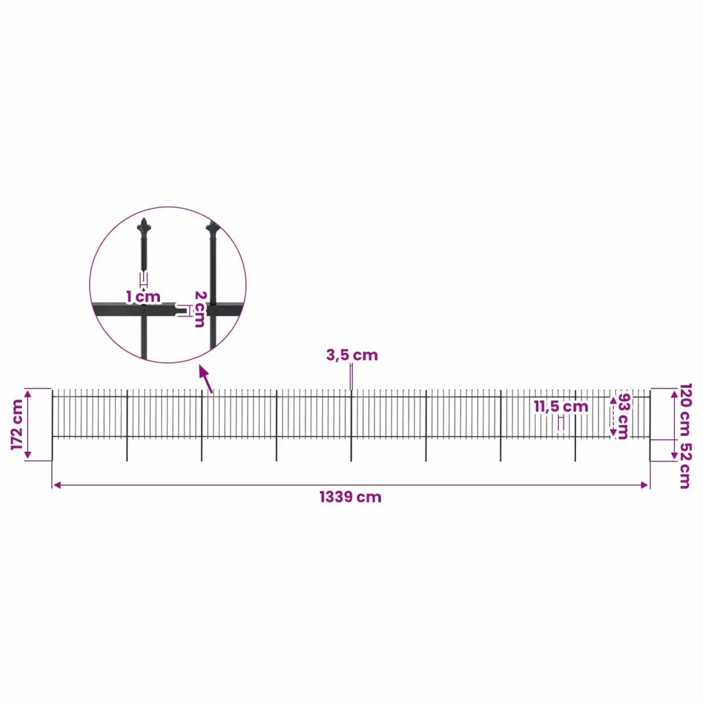Recinzione da Giardino con Punta a Lancia in Acciaio 1339x120 cm Nero 277627
