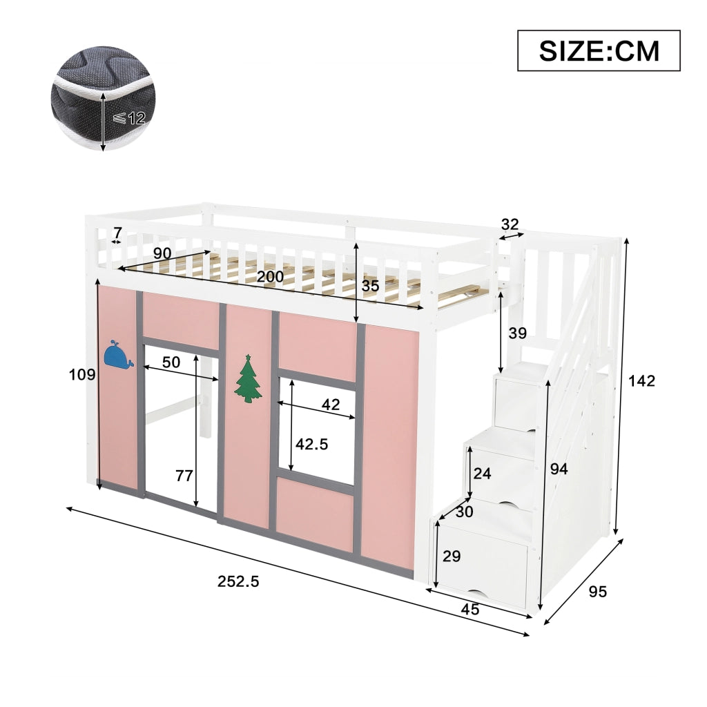 Letto a soppalco per bambini 90 × 200 cm con scala contenitore, LED, barriera di sicurezza, senza materasso, bianco rosa