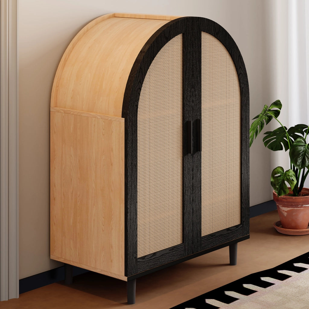 Mobile Scarpiera con 2 Ante in Rattan e 3 Ripiani Regolabili; Stile Elegante; in MDF; Naturale+Nero; 70×40×100 cm