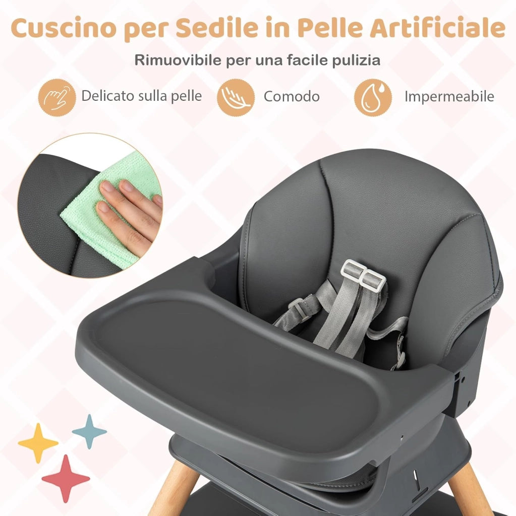 Seggiolone Pappa per Bambini, Seggiolone Convertibile con Cintura e Vassoio Rimovibile, Sedia Evolutiva per Neonati, Telaio in Legno Massello, per Neonati 6-36 Mesi (Grigio Scuro)