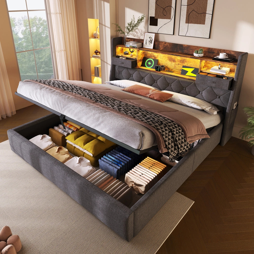 Letto imbottito 180x200 cm con LED, ricarica USB/Type-C e vano