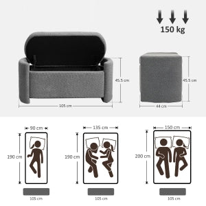 Panca contenitore imbottita grigia 105 x 44 x 45,5 cm con coperchio e struttura in legno