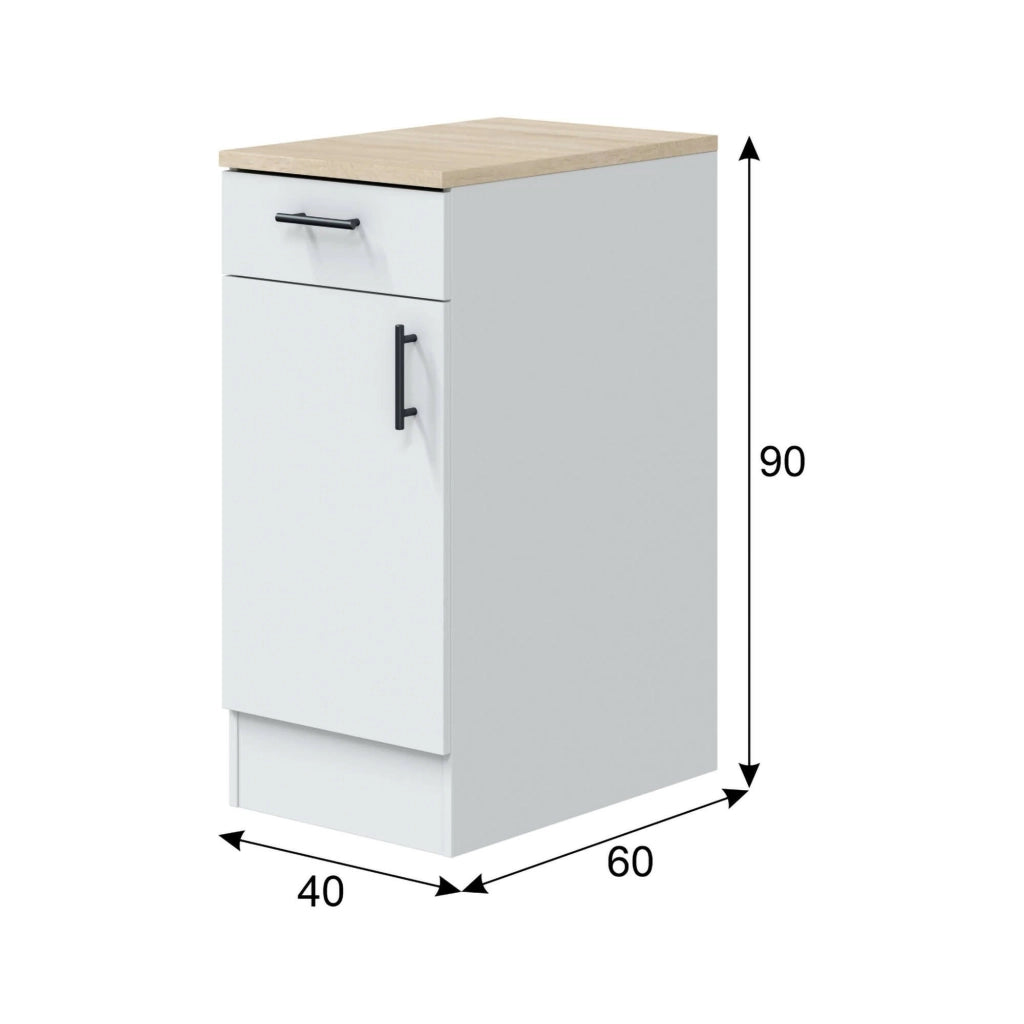 Mobile 1 anta con cassetto Orvia, Mobile contenitore misto, Base cucina con anta e cassetto, Modulo multiuso, 40x60 h90 cm, Bianco e Rovere