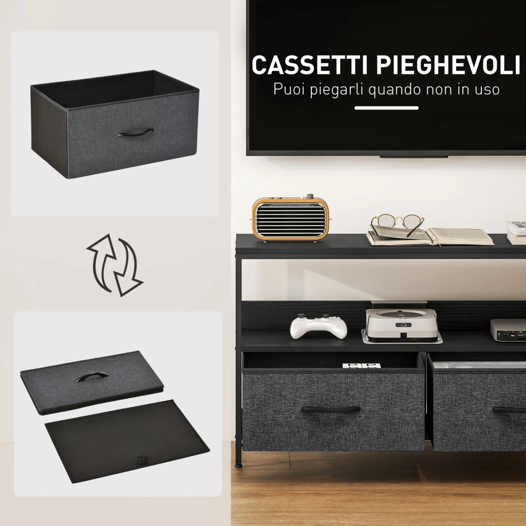 Mobile Porta TV-Credenza  per TV da 47" con Cassetti Pieghevoli in Tessuto e Mensola in Metallo e MDF,98x29x56 cm,Nero
