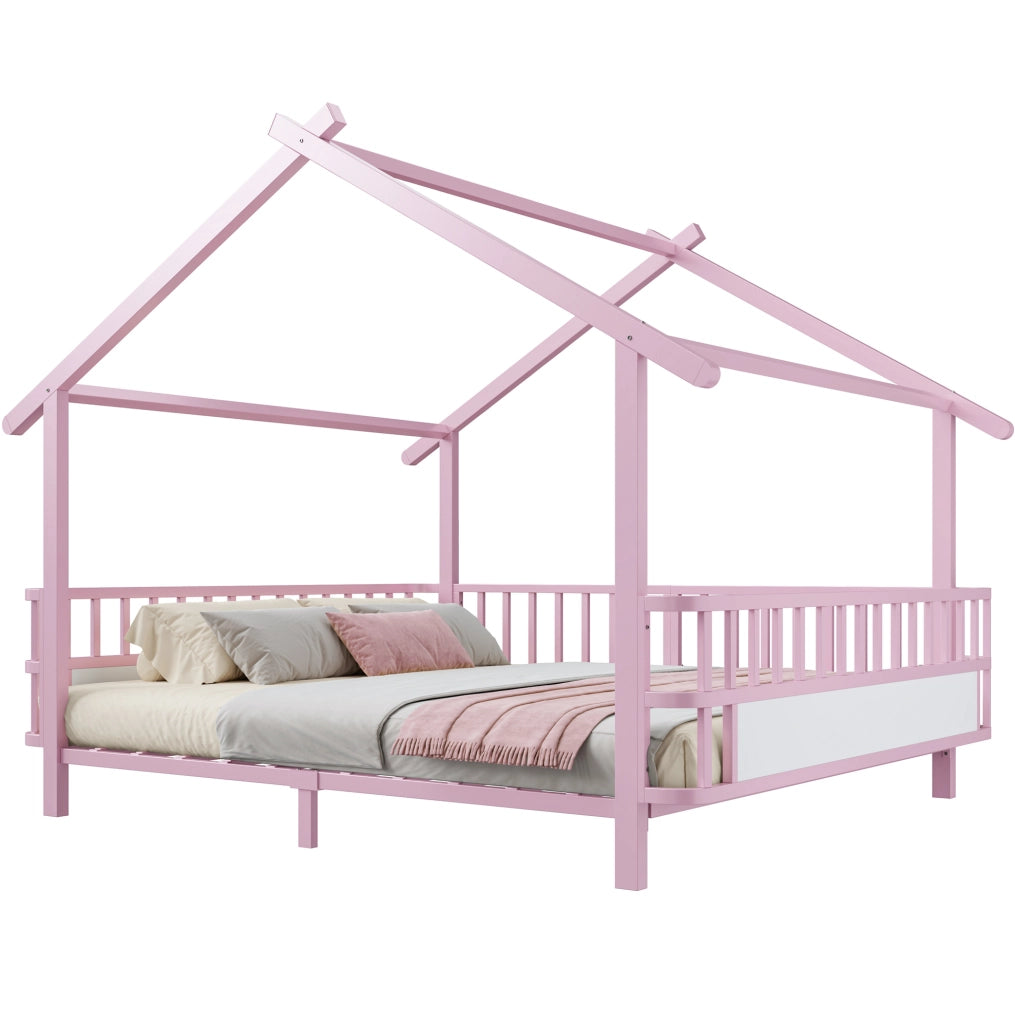 Letto per bambini 140x200 cm con sbarre di sicurezza e tetto in metallo rosa
