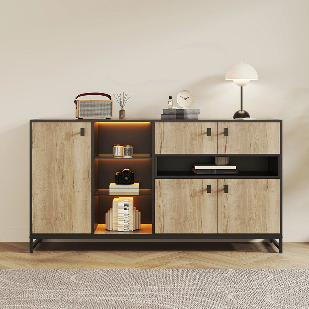 Armadio di archiviazione moderno e minimalista - Zephmum- Doppie ante, ripiano aperto, ripiani in vetro