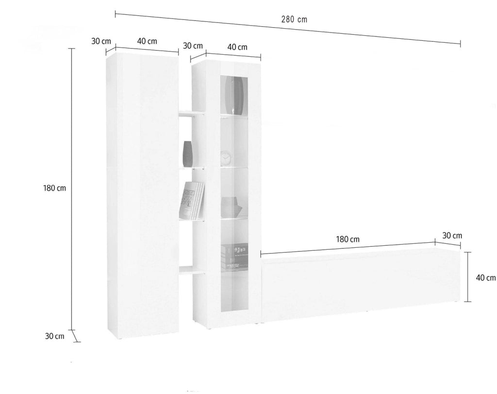 Parete Attrezzata Soggiorno 280x30x180 cm Maruska n°9 Bianco Lucido
