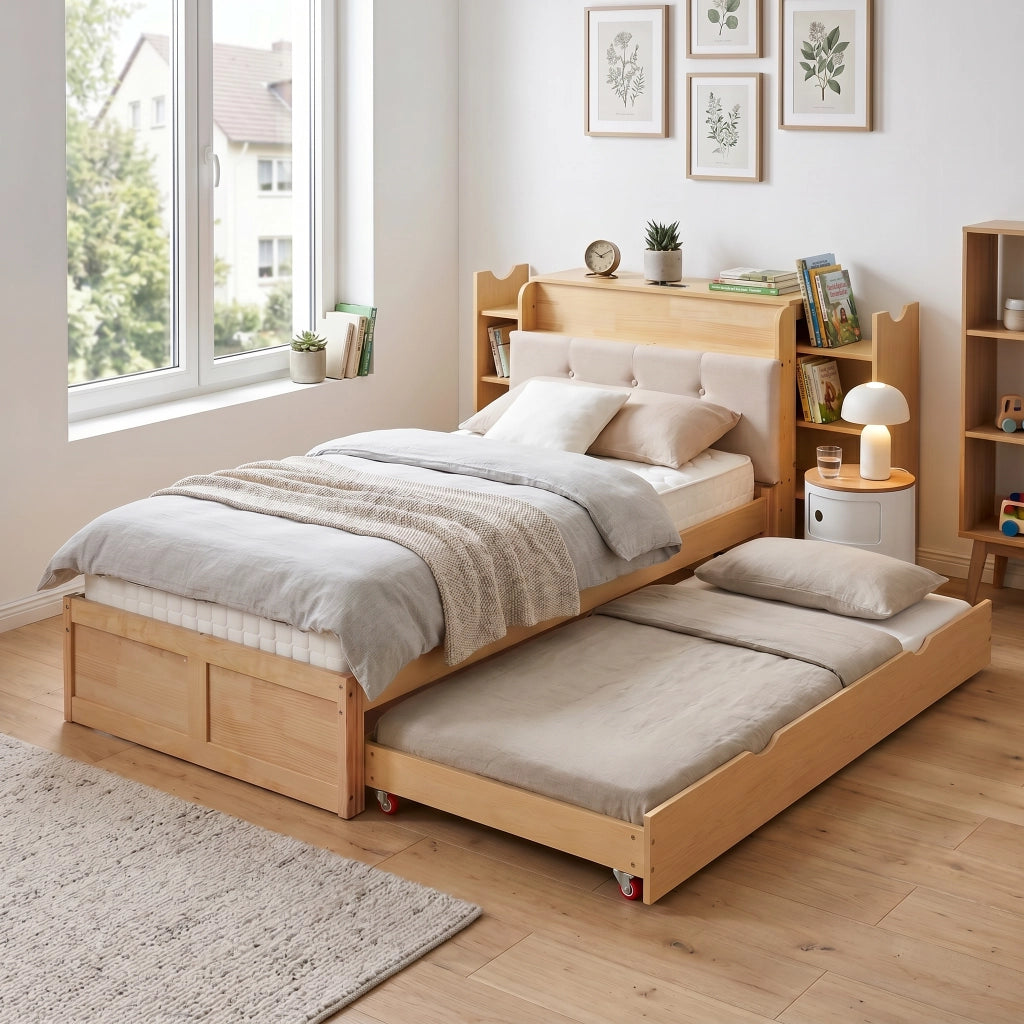 Letto estraibile 90 × 200 cm e 180 × 200 cm con ripiani laterali, presa USB et contenitore testiera, senza materasso, in legno ingegnerizzato, naturale