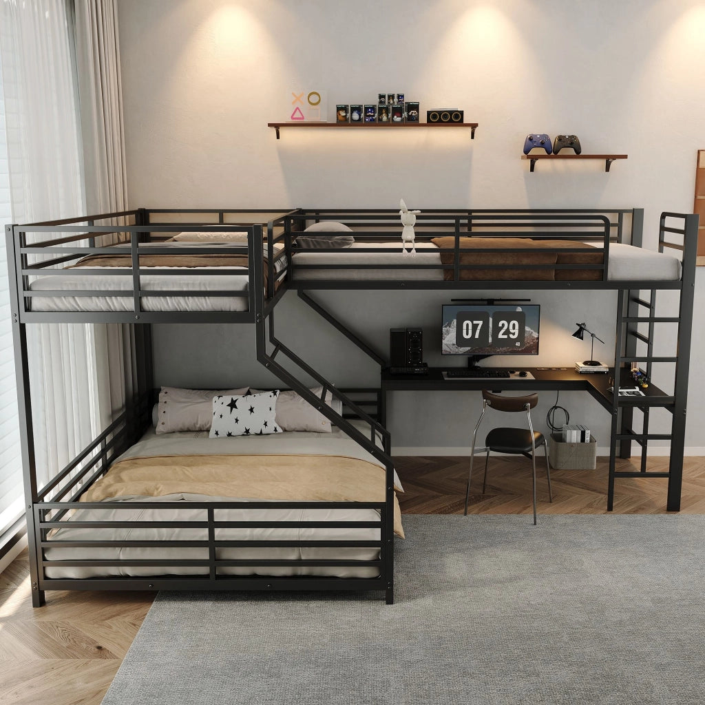 Letto a castello, 90 x 200 cm + 140 x 200 cm, tre posti letto, struttura in metallo, con presa di ricarica, scrivania, nero
