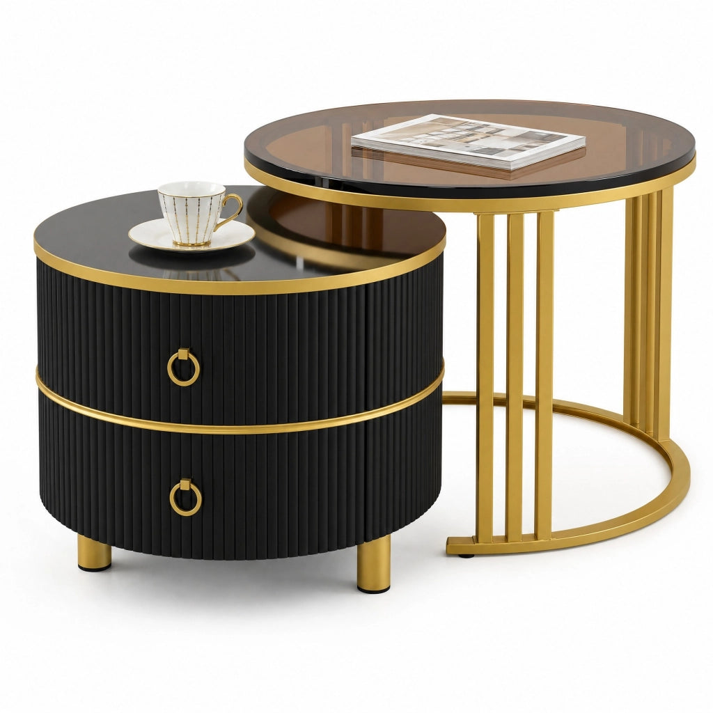 TAVOLINO da caffè rotondo 2 pezzi 70x70x45 + 50x50x40 cm nero e vetro