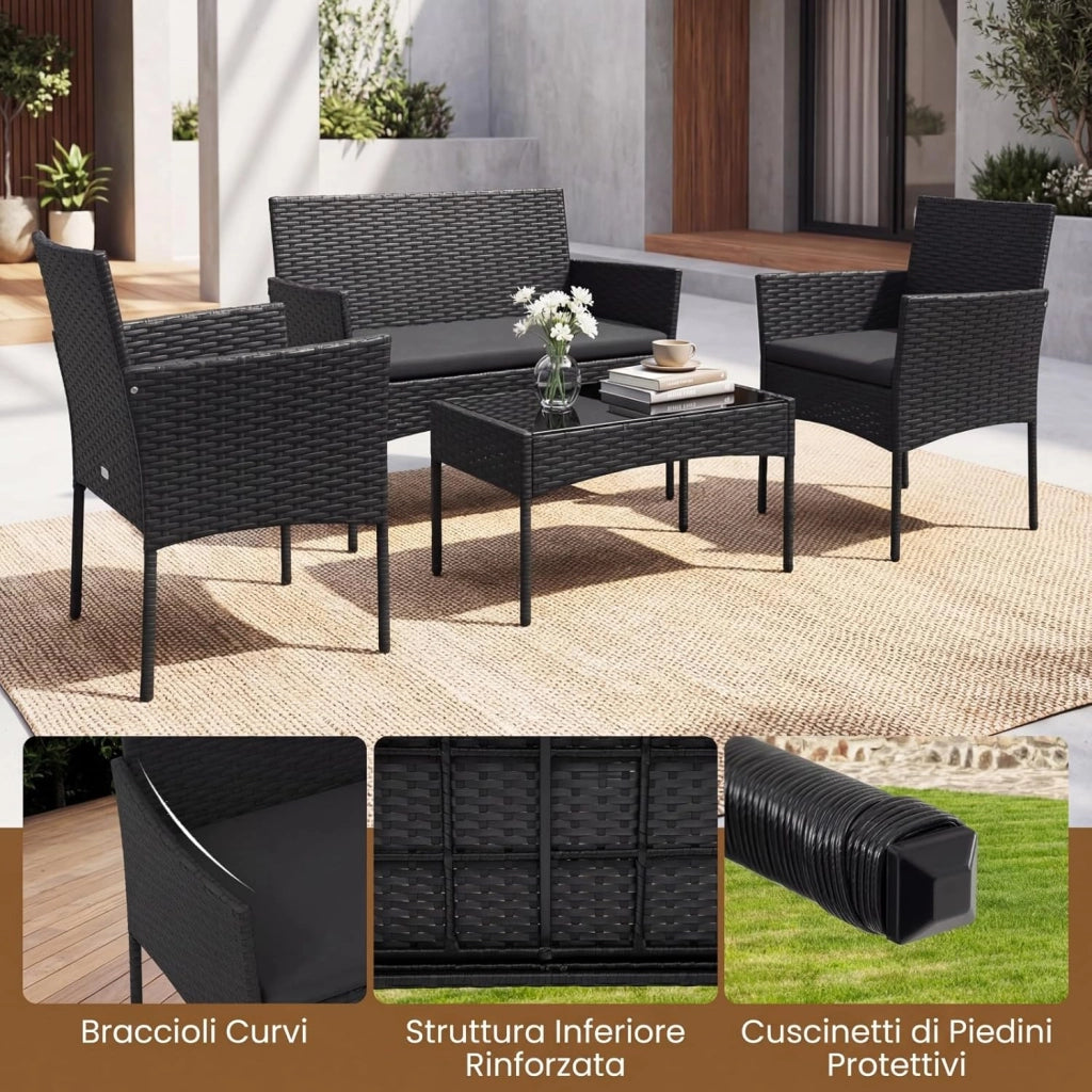 Set Salotto da Giardino 4 Pezzi, Divanetto da Esterno in Rattan PE con 2 Poltrone e Tavolino con Piano in Vetro Temperato, Cuscini Imbottiti, Telaio Metallo per Terrazzo e Balcone (Nero)
