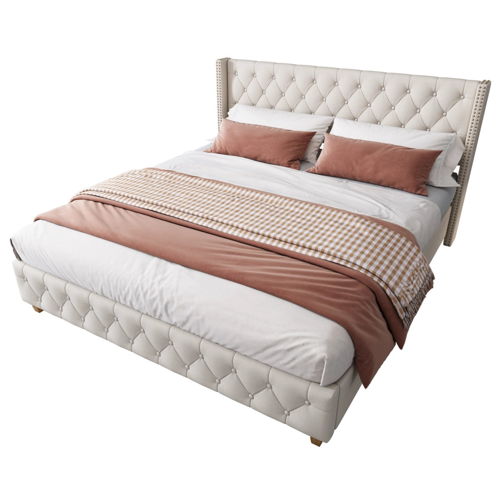 Letto Imbottito 140×190 cm; Letto Matrimoniale con Testiera con Rivetti; senza Materasso; in Lino; Beige