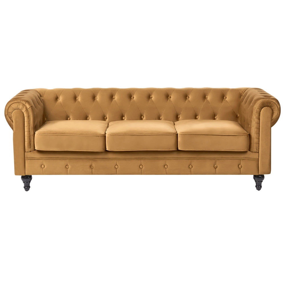Divano Chesterfield Tessuto Velluto Dorato Rivestimento Gambe Nere 3 Posti
