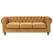 Divano Chesterfield Tessuto Velluto Dorato Rivestimento Gambe Nere 3 Posti