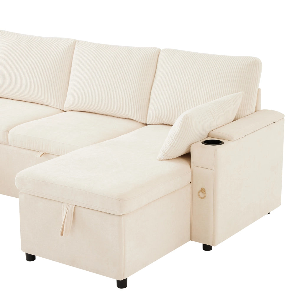 Divano letto modulare a U con contenitore e portabicchieri; 272 cm; beige