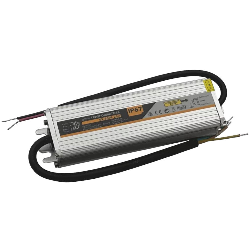 ALIMENTATORE TRASFORMATORE DA ESTERNO METALLICO STABILIZZATO SWITCHING IMPERMEABILE IP67 220V-24V 2.5A DA 60W