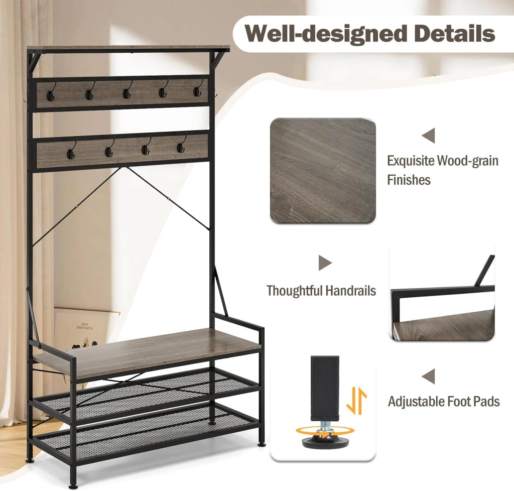 Porta Abiti 4-in-1, Albero da Ingresso Autoportante con Scaffale per Scarpe e 11 Ganci, Struttura in Metallo e Kit Antiribaltamento, Organizzatore per Soggiorno Industriale con Panca (Grigio)
