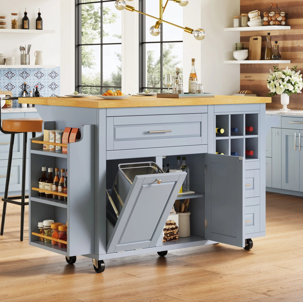 Carrello da cucina blu con piano pieghevole e portabottiglie