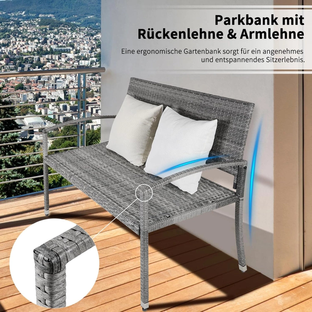 Panca da Giardino in Rattan, Panca da Balcone a 2 Posti, Resistente Alle Intemperie, Bifacciale in Rattan, Sedia da Giardino per Esterno, Terrazze e Balcone, 122x62x90 cm, Grigia